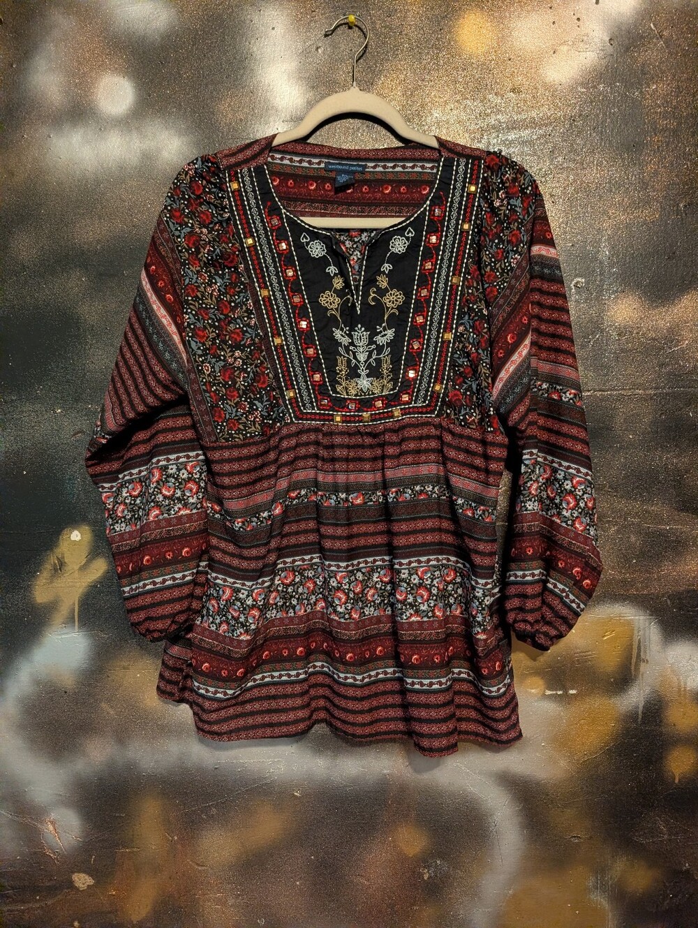 Westbound Multicolor Boho Embroidered Tunic — Red and Black